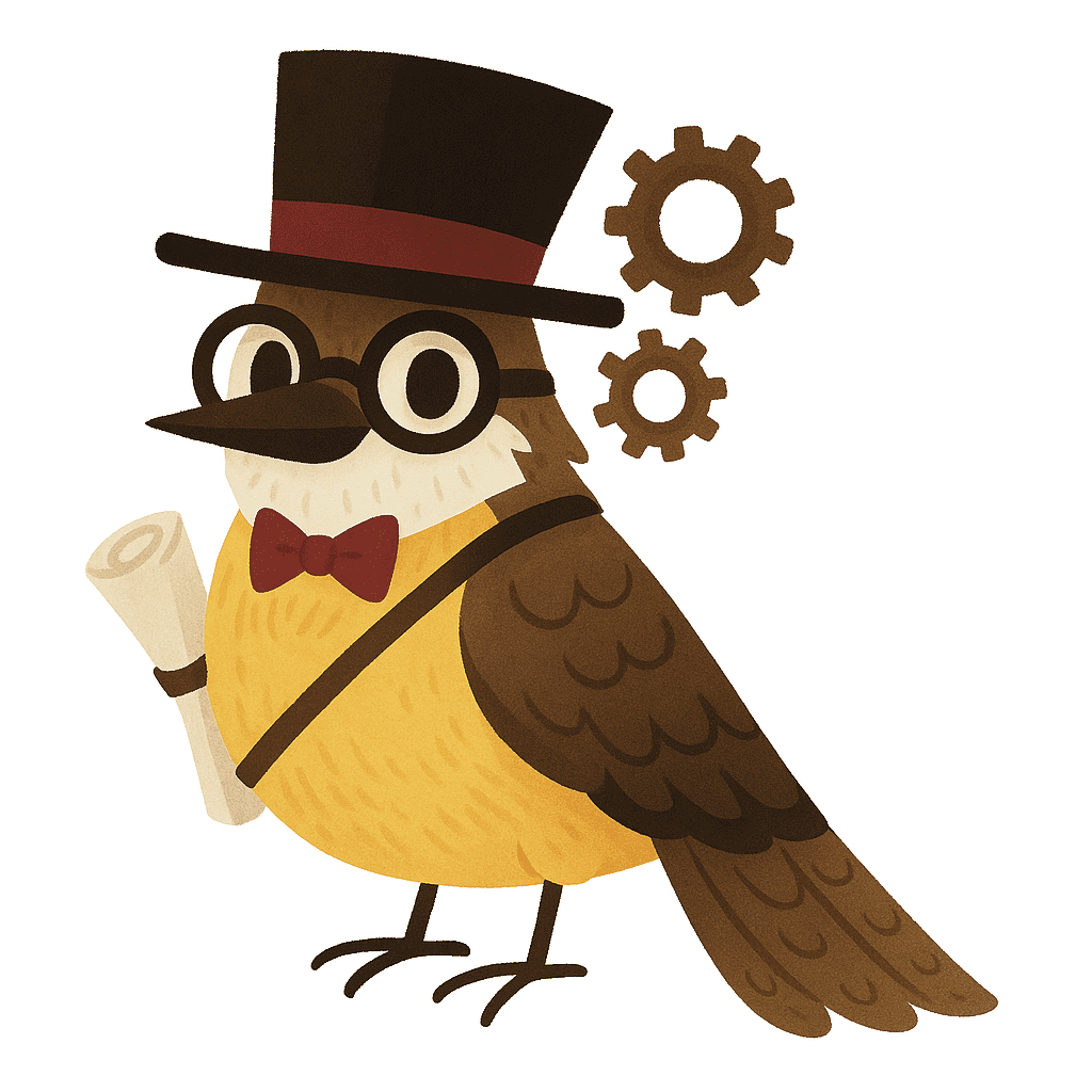 Ilustração de um bem-te-vi personagem do livro 'A Jornada de Iná', vestido como inventor. Ele usa uma cartola preta e gravata borboleta vermelha, transmitindo um ar intelectual e curioso. As penas são em tons de amarelo e marrom, destacadas contra o fundo branco, criando uma figura distinta e criativa.