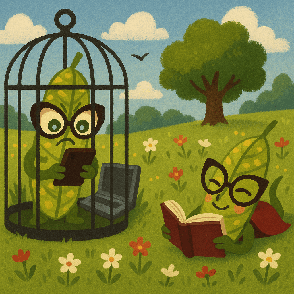 Ilustração de uma folha de ipê amarelo antropomórfico em dois cenários contrastantes. À esquerda, dentro de uma gaiola de barras simples, o personagem tem uma expressão alucinada e está focado no celular, simbolizando o vício tecnológico e a sensação de confinamento. À direita, o mesmo personagem está deitado de bruços na grama, cercado por flores, com uma expressão de paz e contentamento enquanto lê um livro, representando a liberdade e harmonia com a natureza. O fundo mostra um campo florido com árvores, pássaros, e um céu azul com nuvens fofas, criando uma atmosfera serena e contrastando os dois modos de vida.