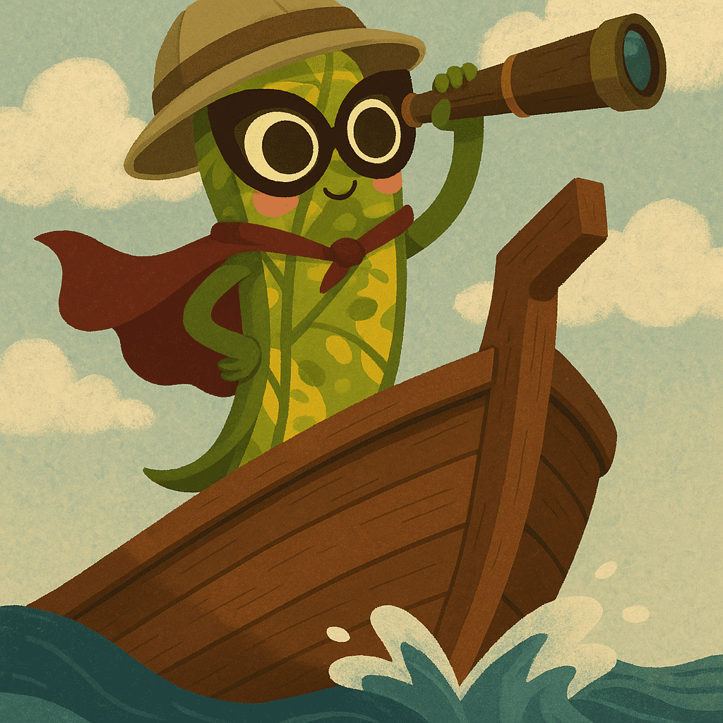 Imagem de uma personagem inspirada em uma folha de ipê amarelo personificada como uma exploradora. A figura está na proa de um barco, segurando um telescópio com uma das mãos enquanto mantém a outra no quadril, exibindo uma postura confiante. O corpo tem aparência de vagem, com padrões verdes e amarelos, além de braços e pernas pequenas. Os olhos são grandes e redondos com um mascaramento marrom ao redor. A capa vermelha característica de heroína esvoaça ao vento, com um laço amarrado no pescoço. O cenário de fundo é o mar, com um céu azul, destacando o tema de exploração e aventura.